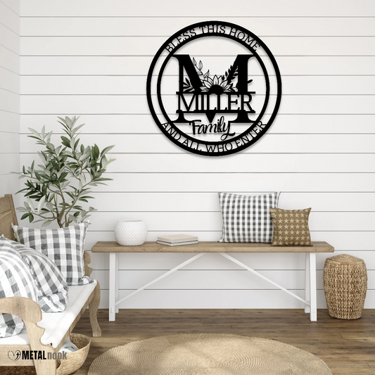 Bless This Home Monogram Family Metal Sign
